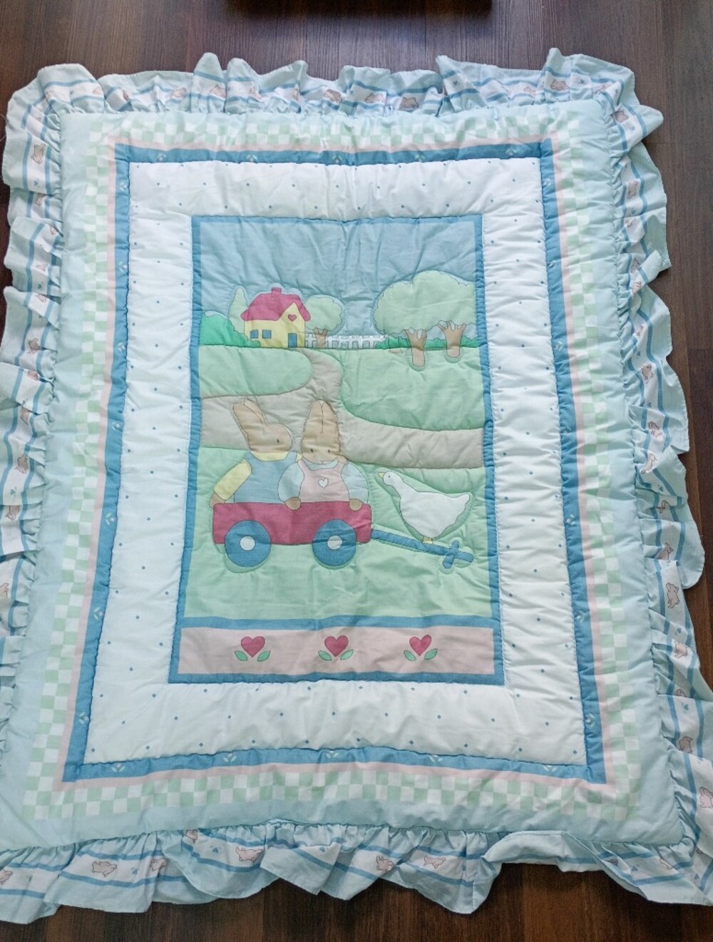 Vtg Red Calliope Quilt Baby Blanket Bunnies Hearts Made In USA 37" 46"